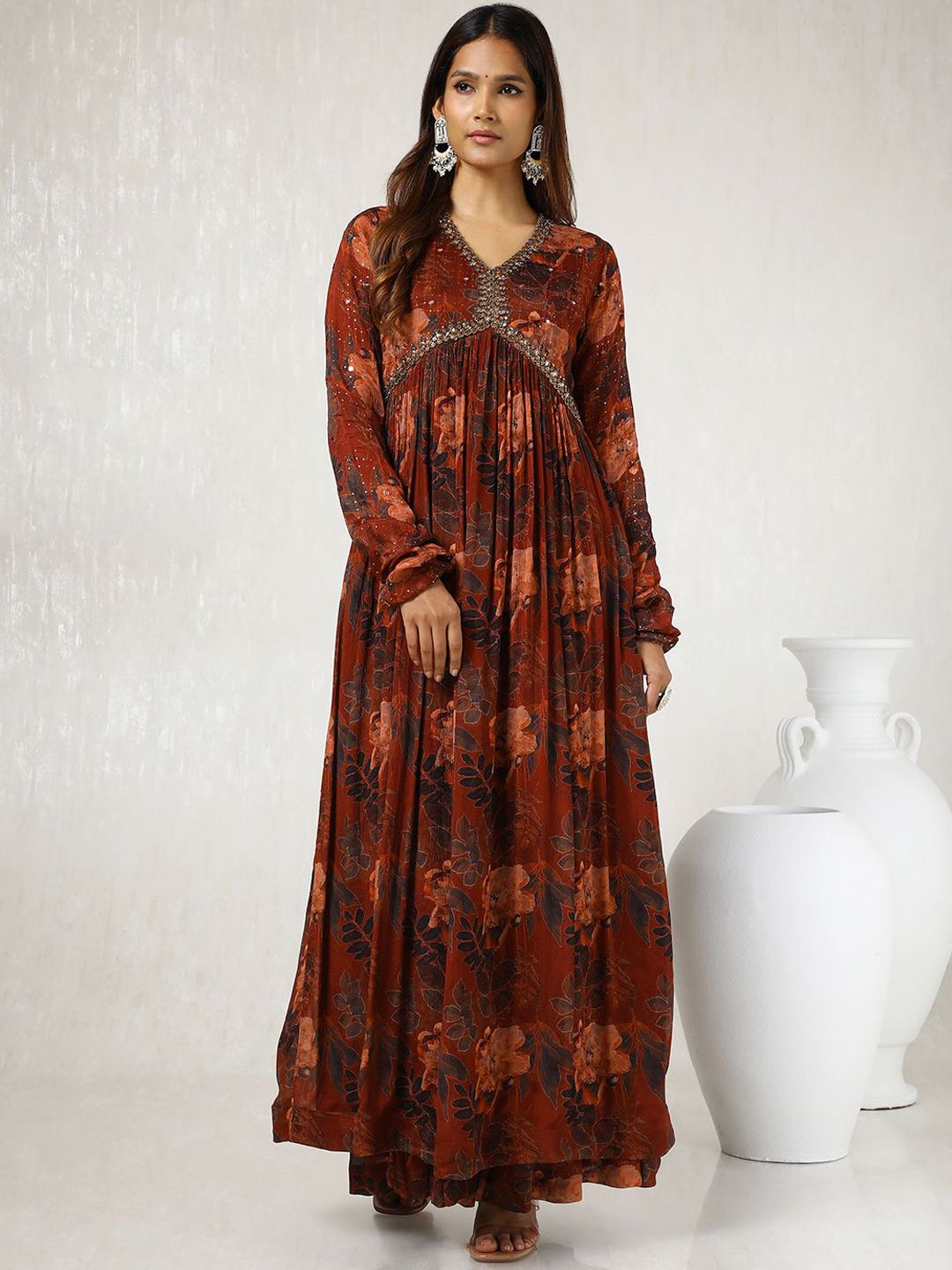 Dhiyona SO Women's Floral Printed Mirror Work Anarkali Kurta with Sharara & With Dupatta