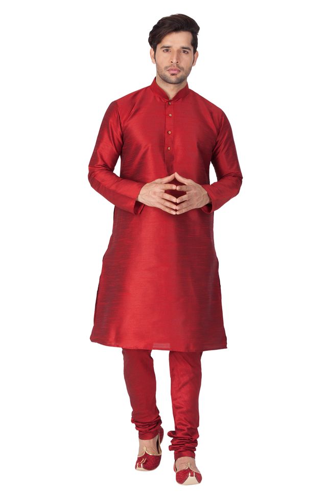 Men's Maroon Silk Blend Straight Kurta Pyjama Set