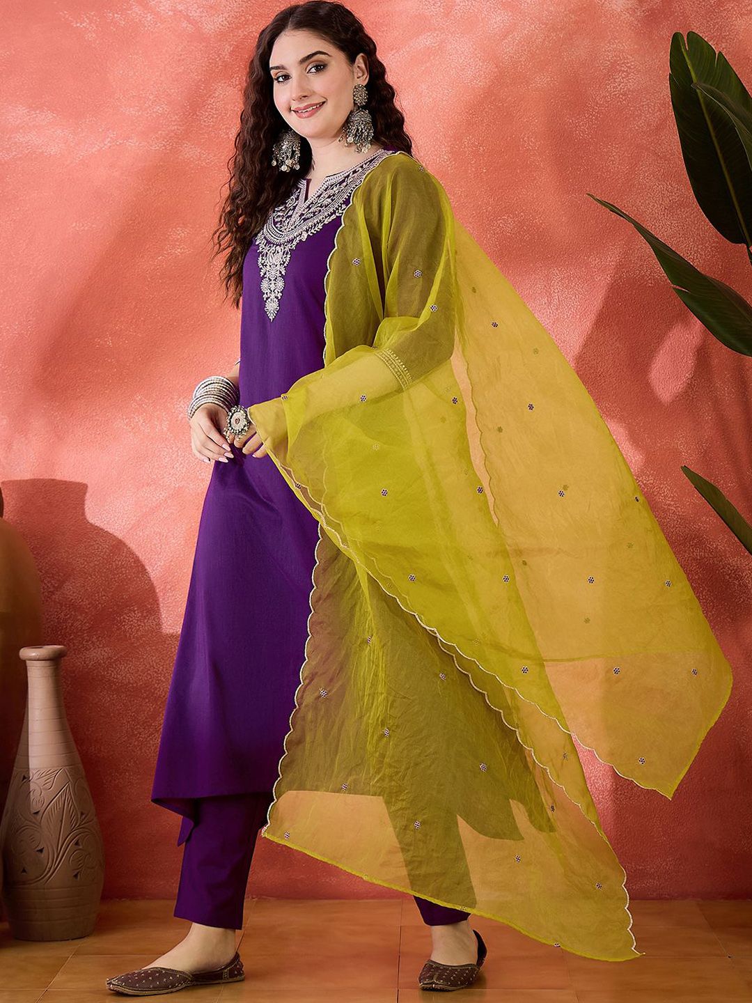 Dhiyona SN Women's Zari Sequence Cording Embroidered Kurta With Trousers & Dupatta