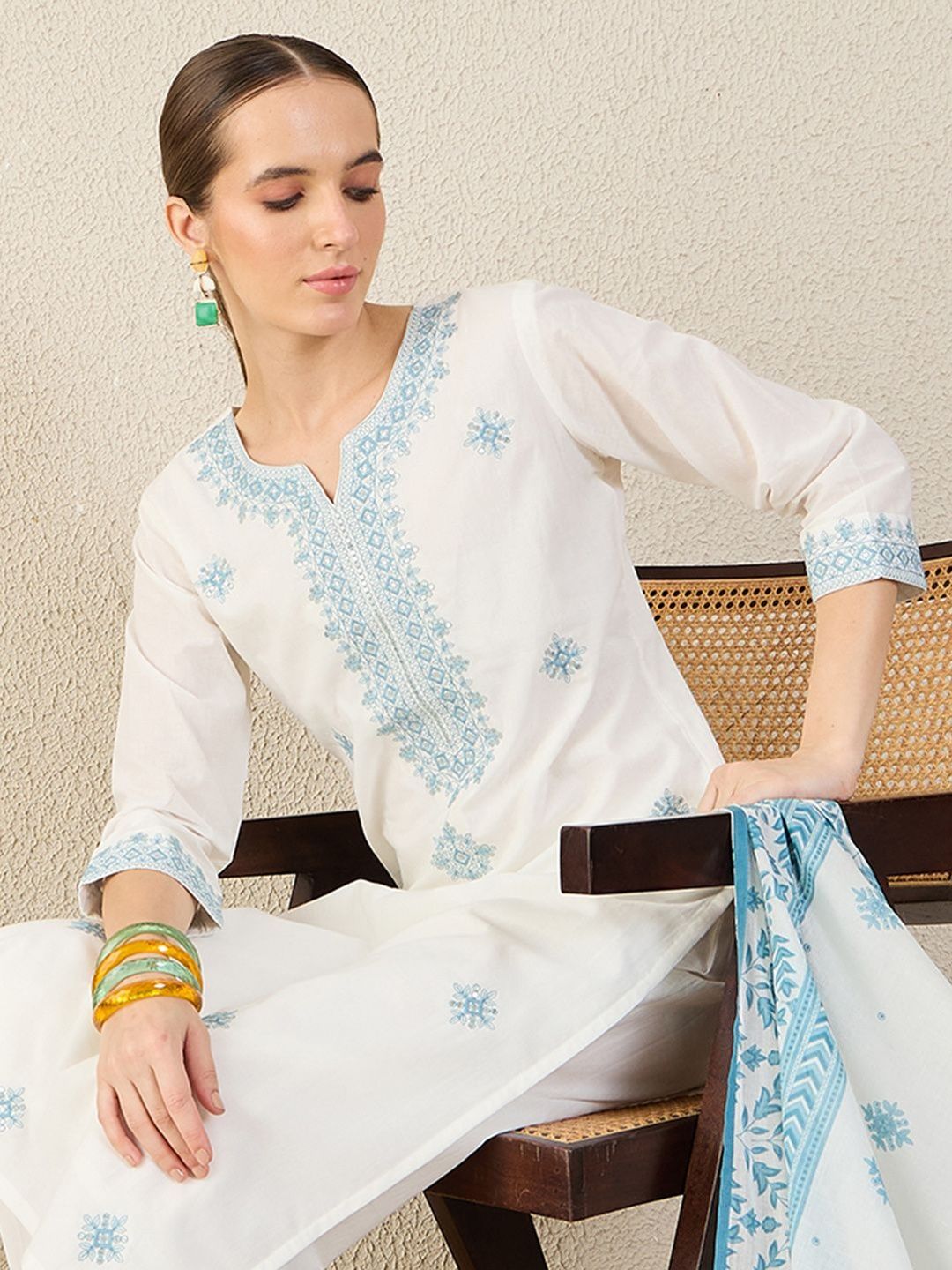 Floral Embroidered Straight Pure Cotton Kurta With Trousers & Dupatta