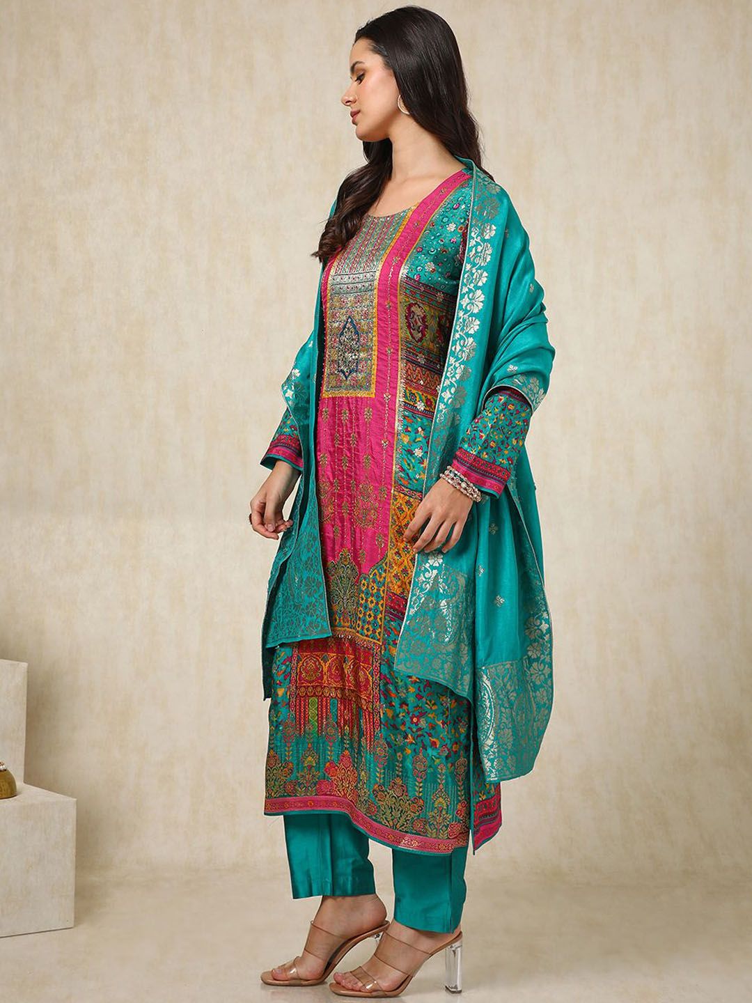 Dhiyona SO Women's Ethnic Motifs Printed Mirror Work Straight Kurta with Trousers & Dupatta