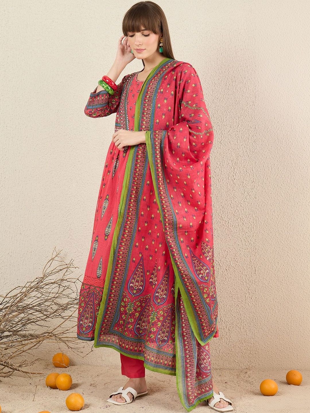 Women Ethnic Motifs Printed Panelled Pure Cotton Kurta with Trousers & With Dupatta