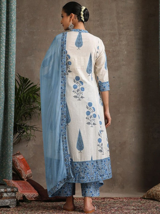 Women's Floral Printed Notch Neck Pure Cotton A-Line Kurta with Palazzos & Dupatta