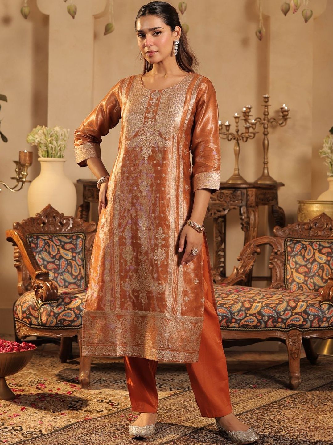 Ethnic Motifs Woven Design Round Neck Straight Kurta &Trousers With Dupatta