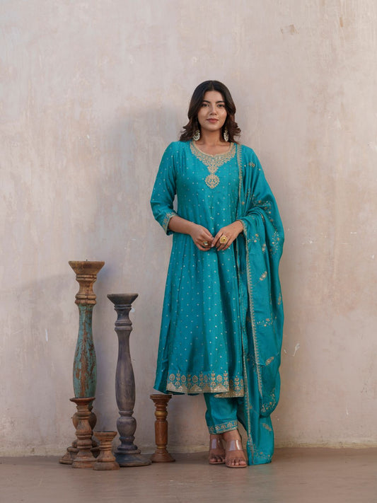 Dhiyona PD Women Bandhani Printed Panelled Anarkali Kurta With Trouser & Dupatta