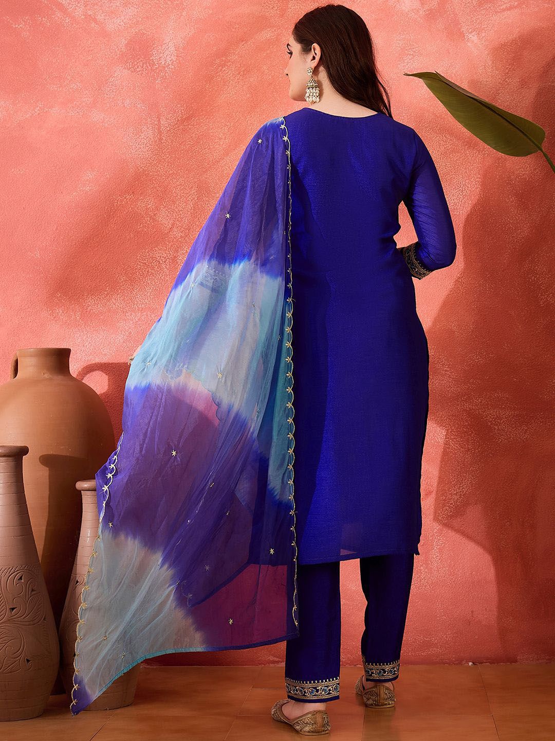 Dhiyona SN Women's Vichitra Zari Sequence Embroidered Straight Kurta & Trousers With Dupatta