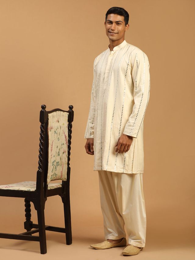 Men's Cream Viscose Straight Kurta and Patiala Set