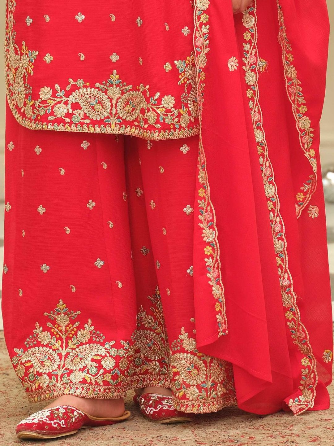 Paisley Embroidered Sweetheart Neck Straight Zari Kurta With Palazzos & Dupatta