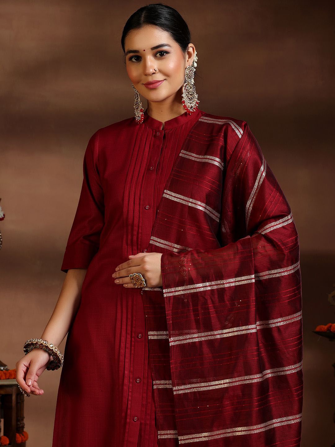 Dhiyona LB Women's Pleated Kurta with Trousers & Dupatta