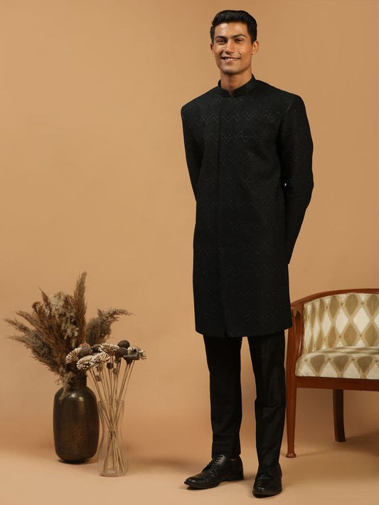 Men's Black Silk Blend Regular Sherwani Set