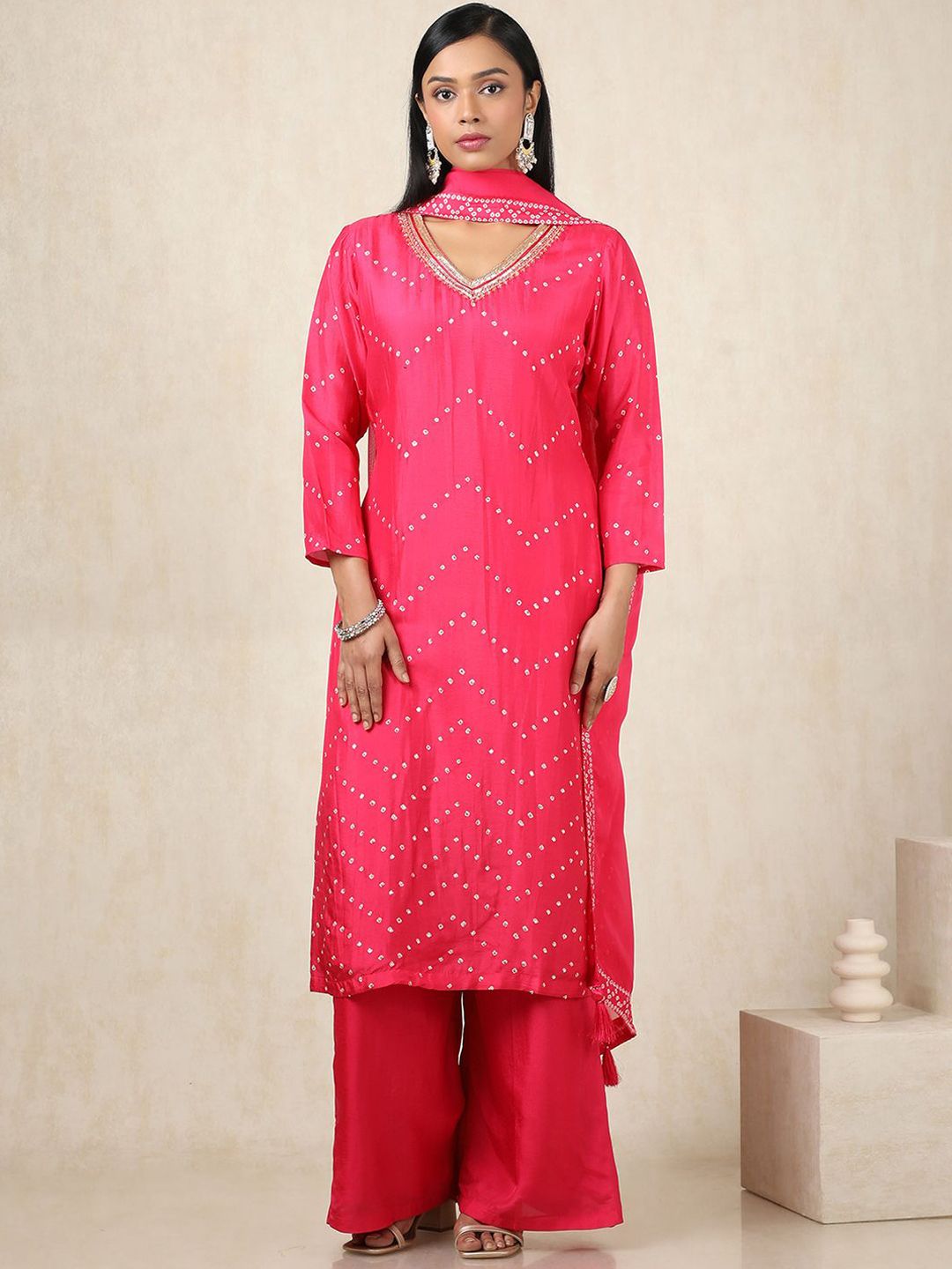 Dhiyona SO Women's Bandhani Printed V-Neck Sequinned Straight Kurta With Palazzos & Dupatta