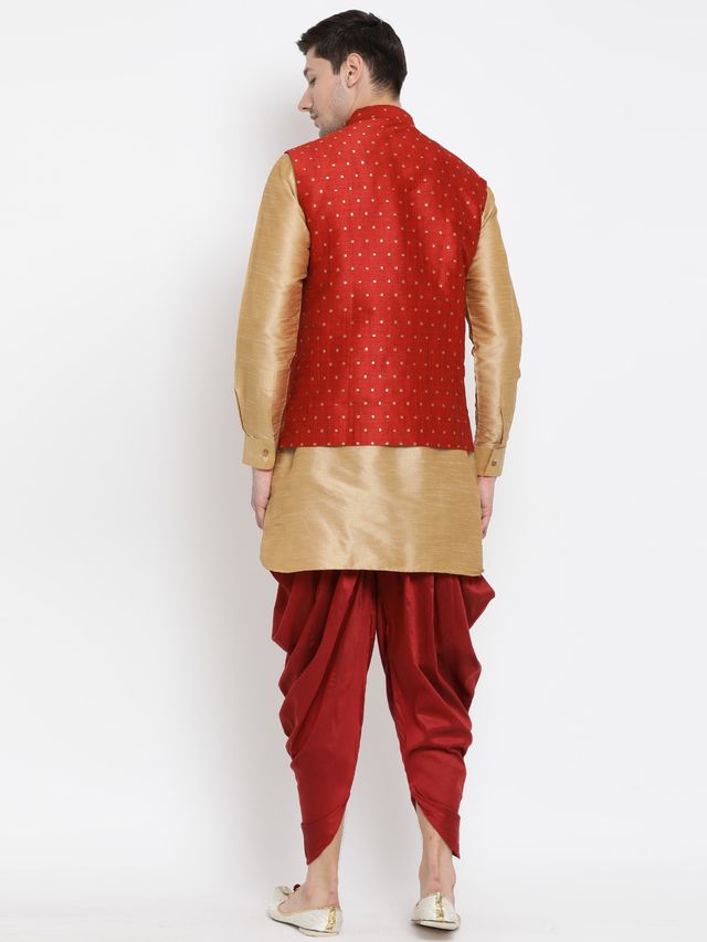 Men's Gold Silk Blend Straight Jacket Kurta and Dhoti Set