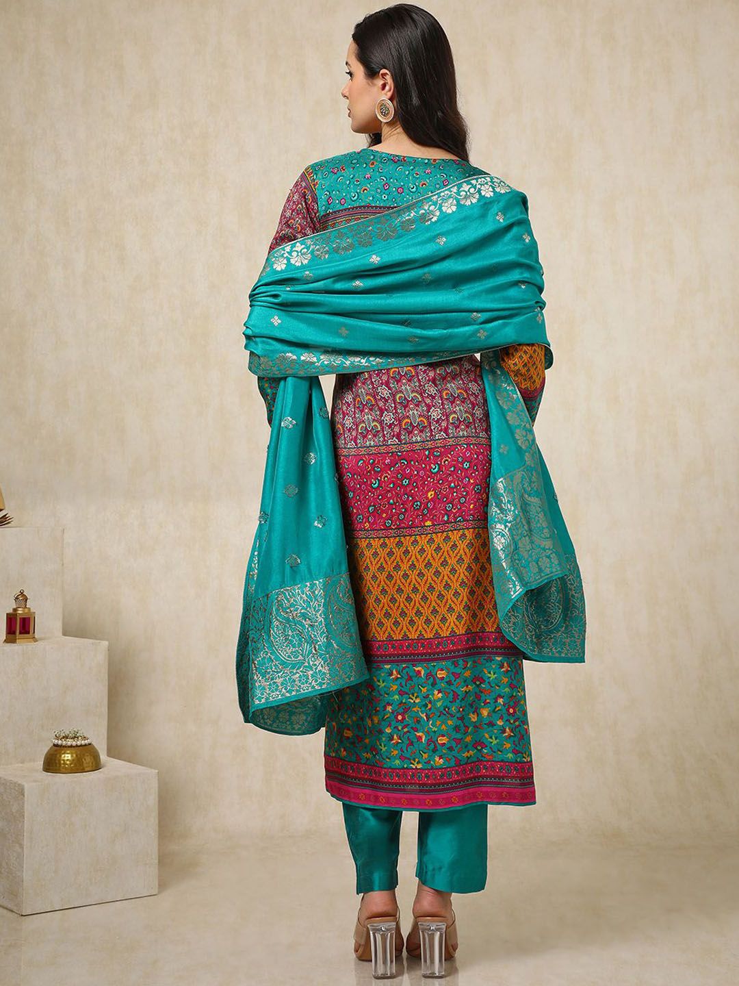 Dhiyona SO Women's Ethnic Motifs Printed Mirror Work Straight Kurta with Trousers & Dupatta