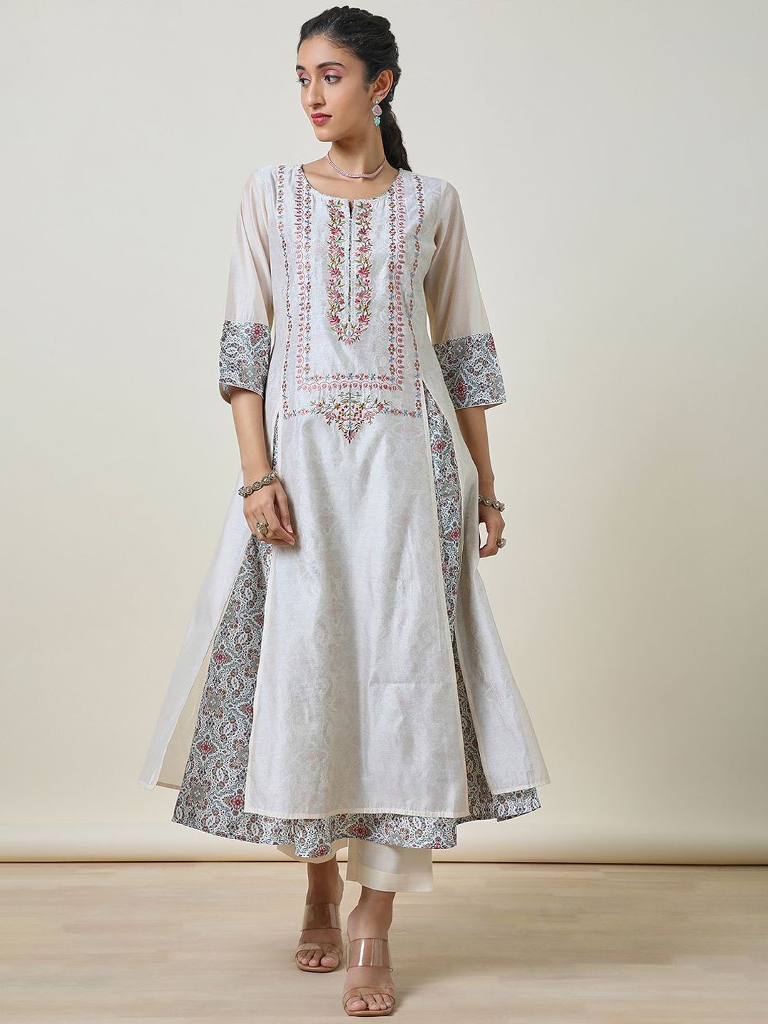 Dhiyona SO Women's Ethnic Motifs Embroidered Chanderi Silk A-Line Kurta with Trousers & With Dupatta