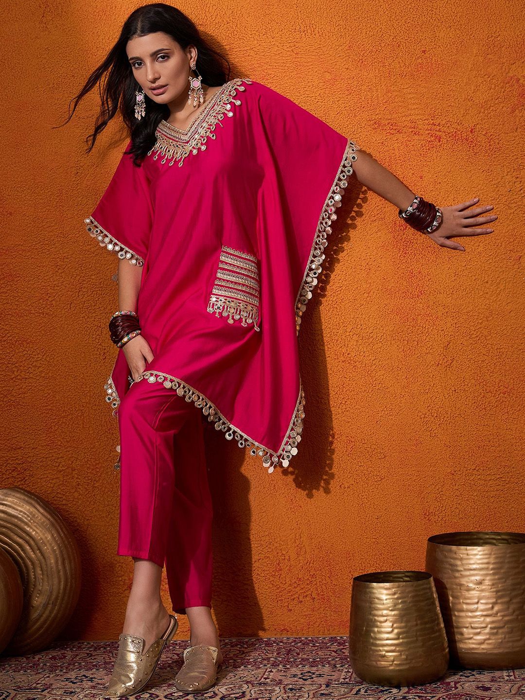 Dhiyona SN Women's Embroidered V-Neck Mirror work Kaftan With Trousers