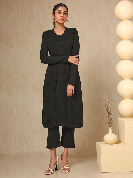 Dhiyona SO Women's Black Geometric Woven Design Layered Acrylic Straight Kurta With Trouser