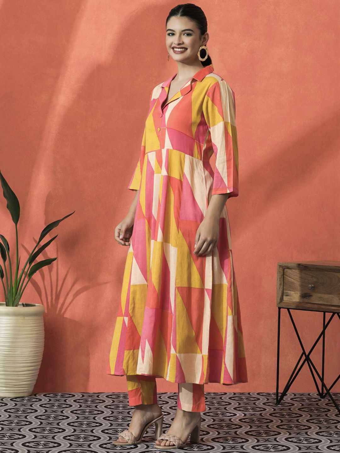 Dhiyona SN Women's Colourblocked Shirt Collar A-Line Pure Cotton Kurta With Trousers