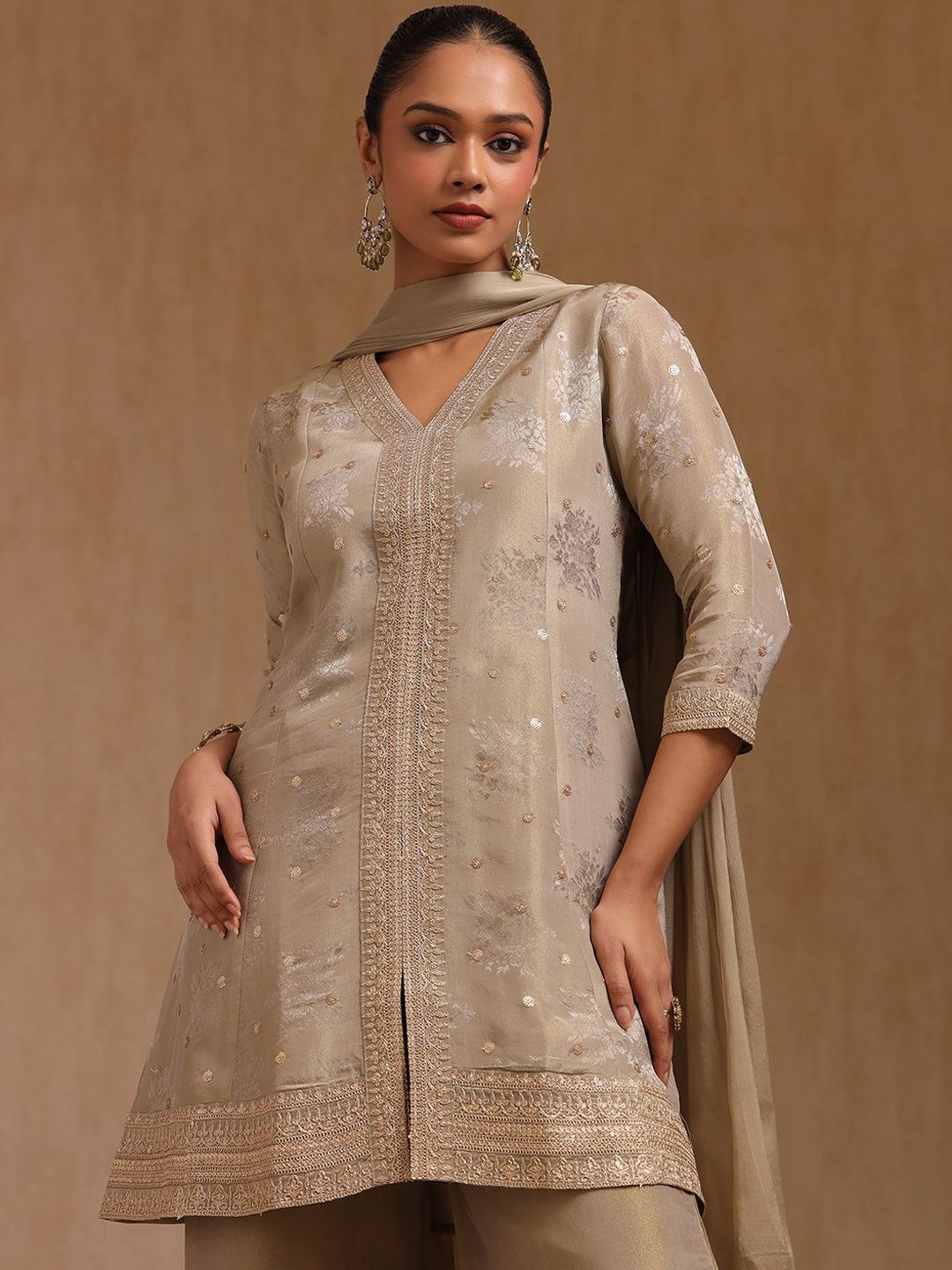 Dhiyona SO Women's Women Floral Woven Design Sequinned Detail A-Line Kurta with Palazzos & Dupatta