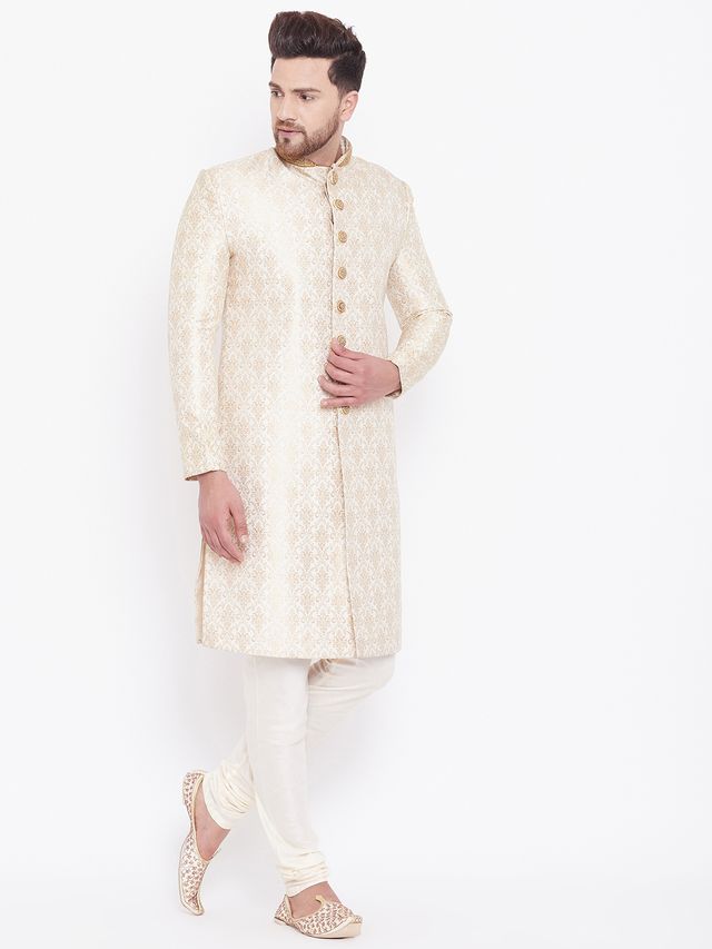 Men's Beige And Gold Silk Blend Straight Sherwani Set
