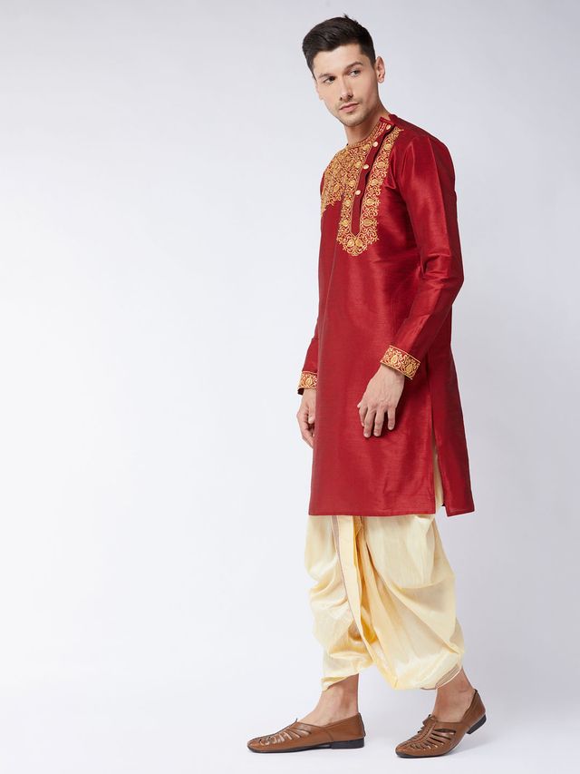 Men's Maroon Silk Blend Angrakha Kurta and Dhoti Set