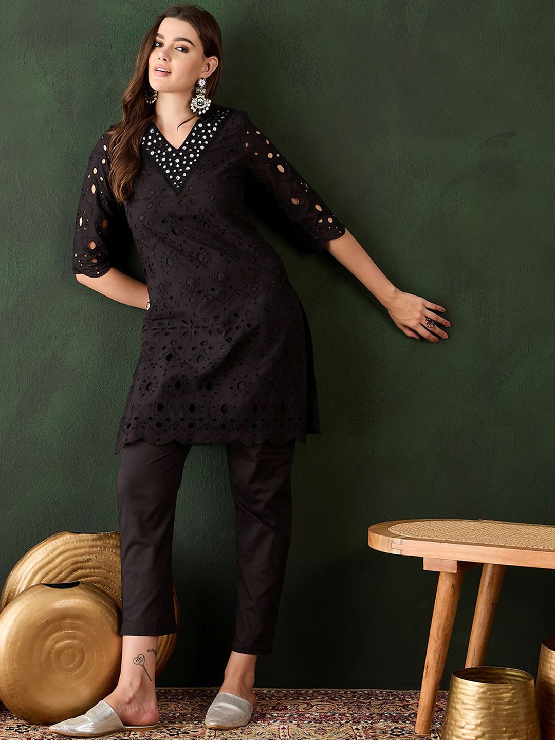 Dhiyona SN Women's Embroidered Regular Mirror Work Pure Cotton Kurti With Trousers