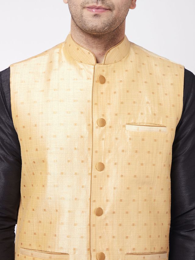 Men's Black Silk Blend Straight Jacket Kurta and Dhoti Set