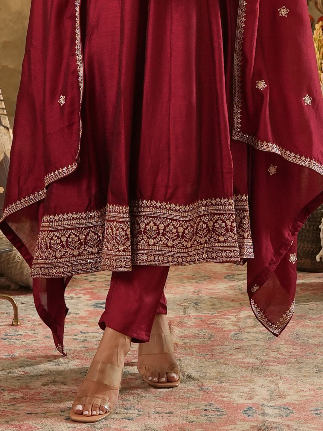 Floral Yoke Design Round Neck Zari Anarkali Kurta & Trousers With Dupatta