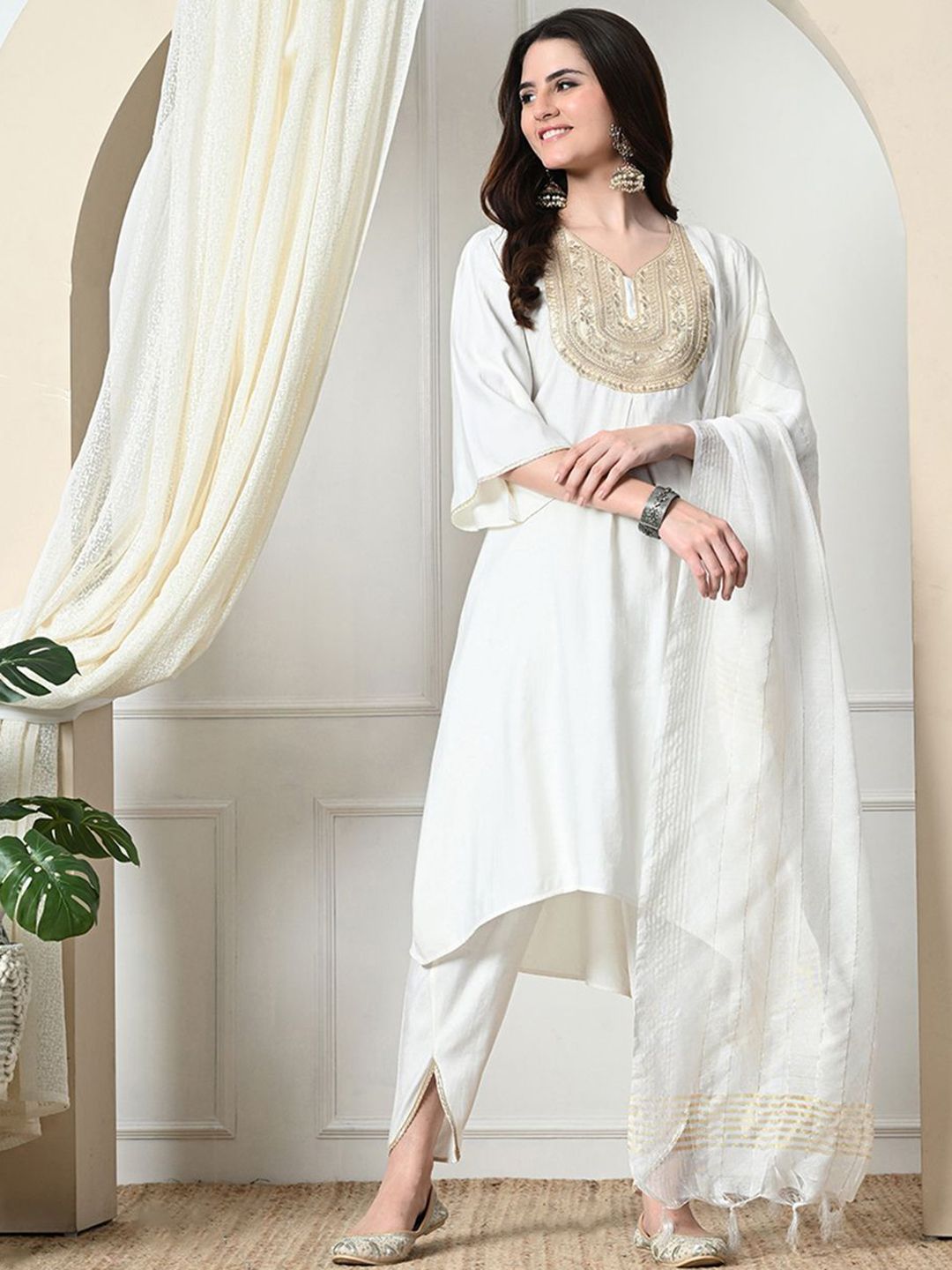 Dhiyona SN Women's Sequinned V-Neck A-Line Kurta With Dhoti Pants & Dupatta