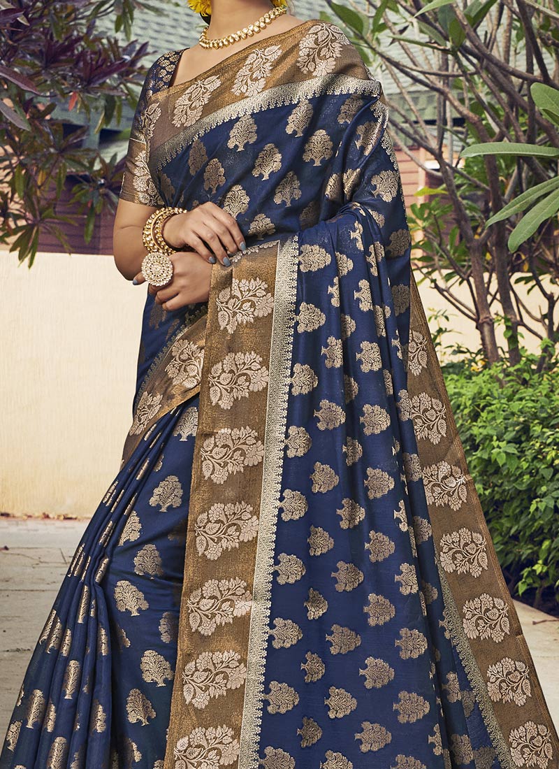 Dhiyona GR Women's Yashomati Indigo Blue Zari Woven Design Chanderi Cotton Saree