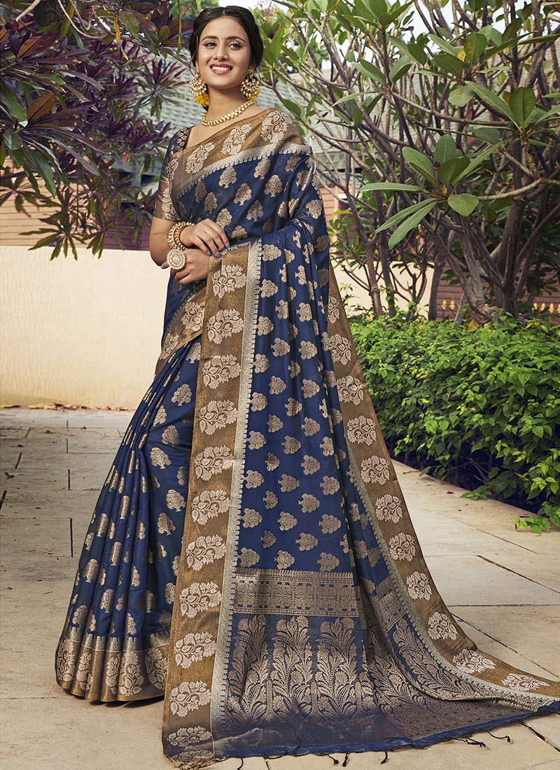 Dhiyona GR Women's Yashomati Indigo Blue Zari Woven Design Chanderi Cotton Saree