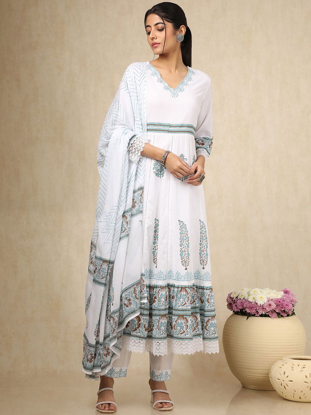 Dhiyona SO Women's Ethnic Motifs Printed Anarkali Kurta With Trousers And Dupatta
