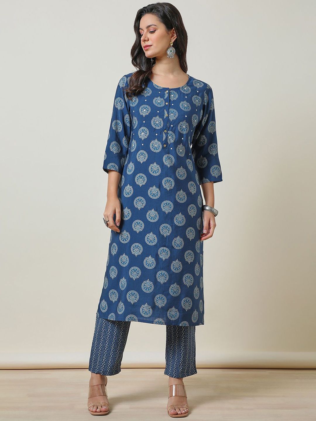 Dhiyona SO Women's Blue Ethnic Motifs Embroidered Round Neck Straight Mirror Work Kurta With Trousers