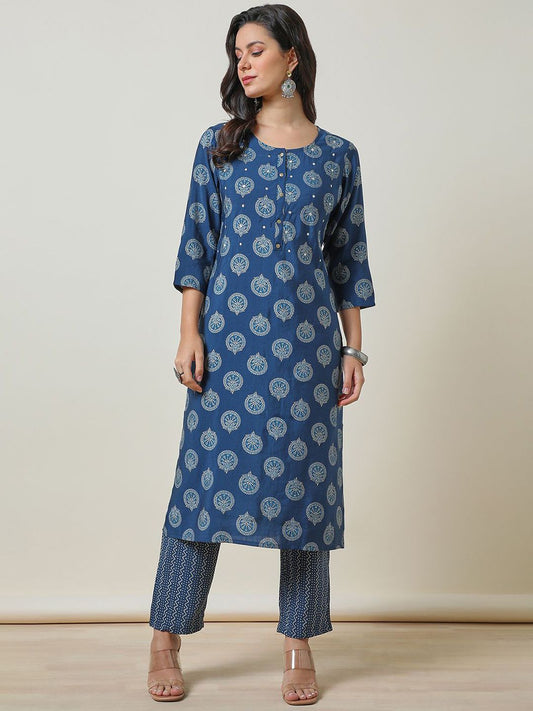 Dhiyona SO Women's Blue Ethnic Motifs Embroidered Round Neck Straight Mirror Work Kurta With Trousers