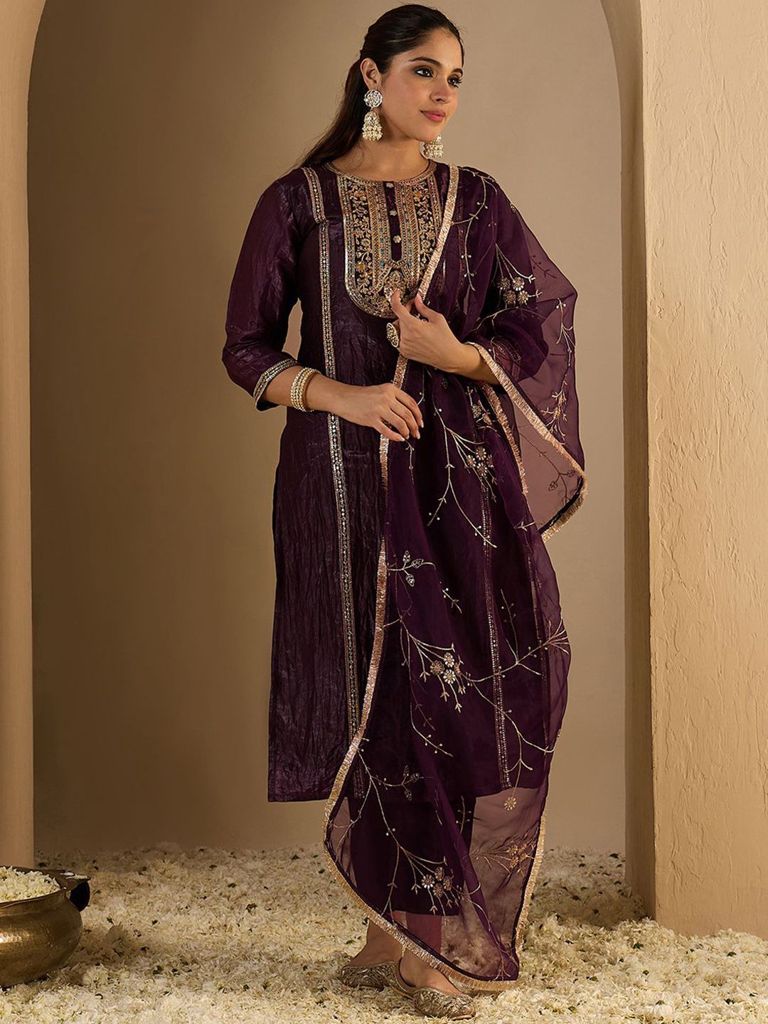 Dhiyona IE Women's Women Ethnic Motifs Embroidered Regular Thread Work Kurta with Trousers & Dupatta