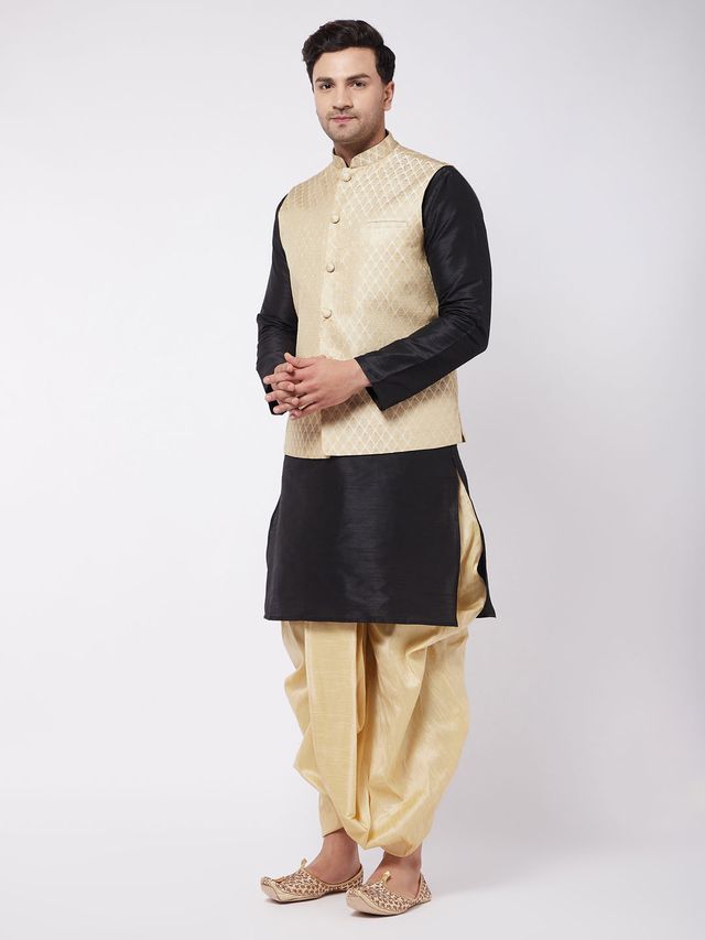 Men's Black Silk Blend Straight Jacket Kurta and Dhoti Set