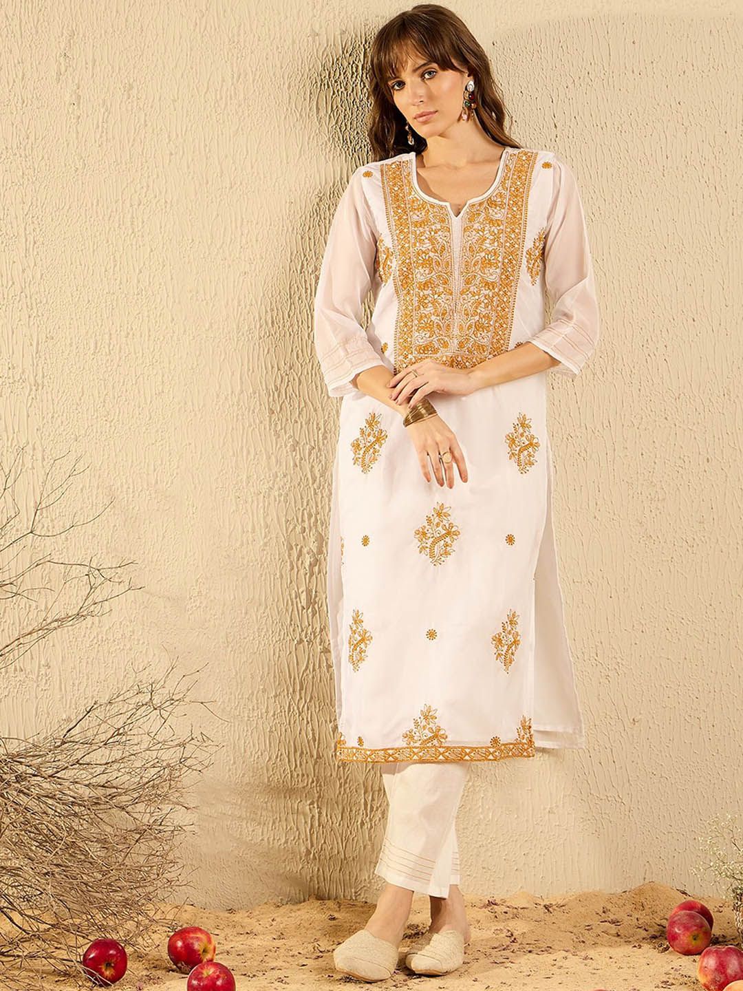 Dhiyona IE White Floral Embroidered Notch Neck Organza Kurta with Trousers & Dupatta