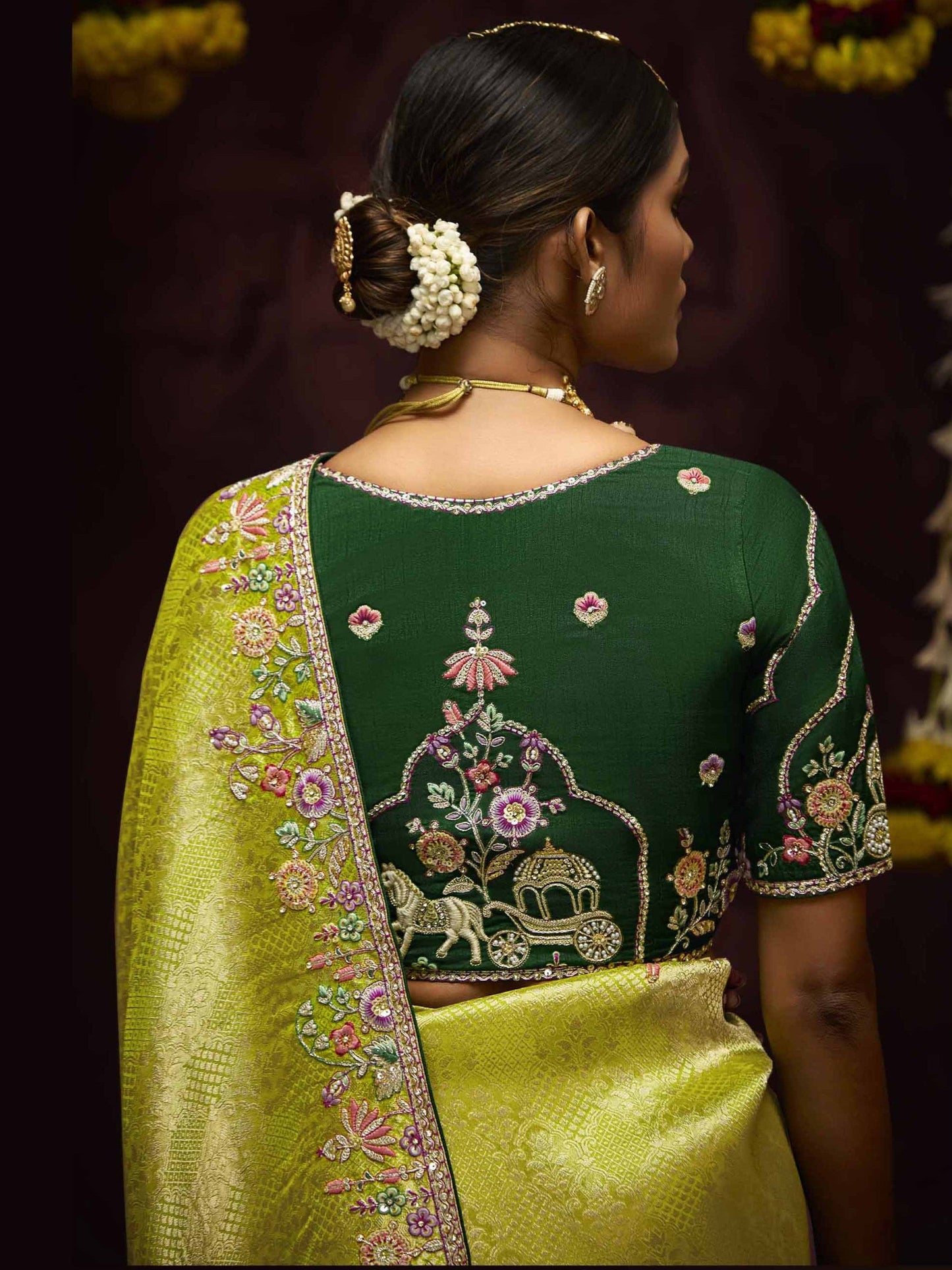 Dhiyona KM Women The Pista Banarasi Silk Saree & Forest Green Georgette Blouse