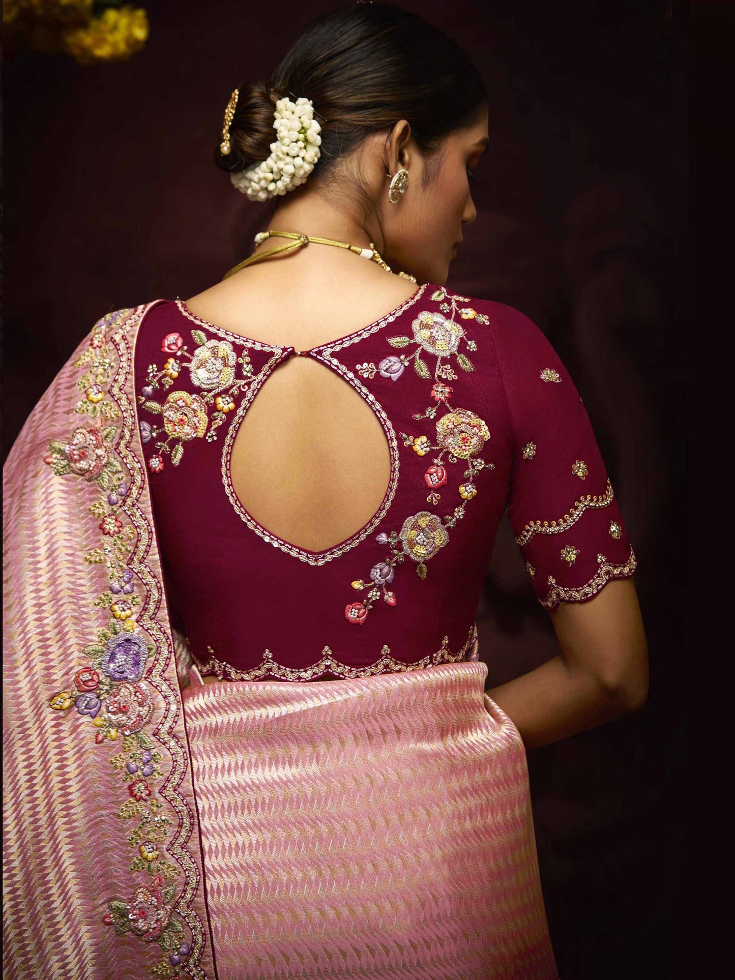 Dhiyona KM Women The Blossom Pink Banarasi Saree With Maroon Reverie Blouse