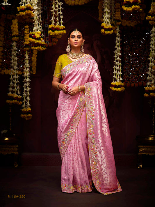 Dhiyona KM Women A Garden Of Dreams: The Roseate Pink Banarasi Silk Saree Verdant Lime Blouse