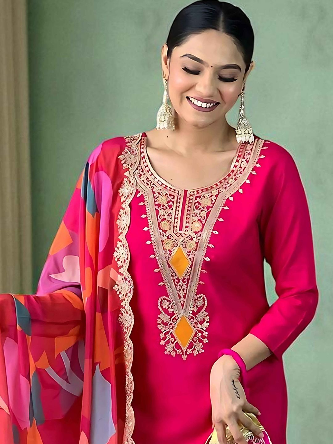 Dhiyona SN Women's Embroidered Calf Length Regular Straight Kurta Pyjama & Dupatta