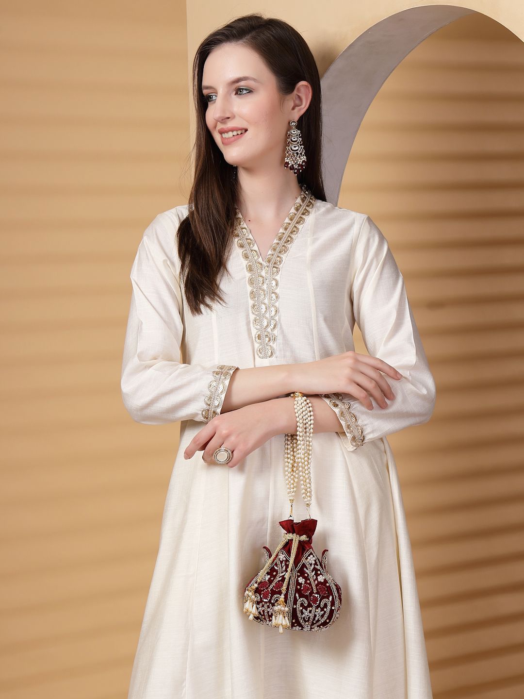 Dhiyona NR Lotus Dark Maroon & Gold Floral Embellished Velvet Potli