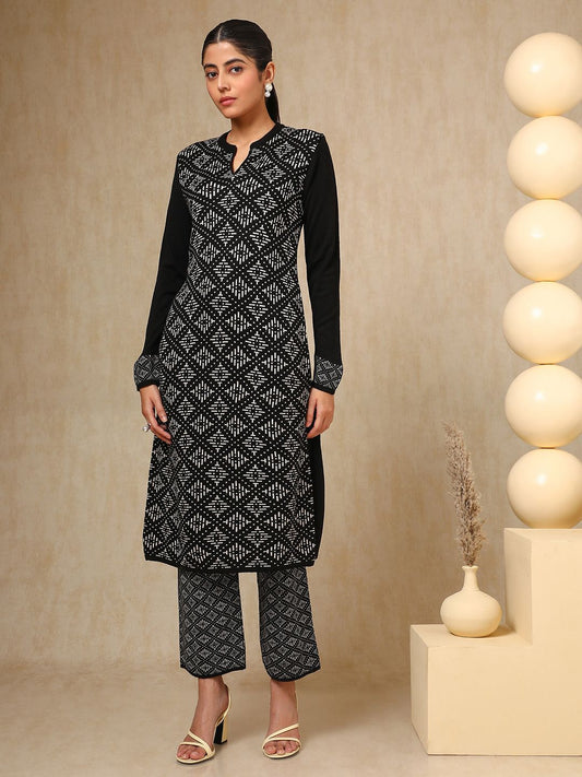 Dhiyona SO Women's Black Geometric Woven Design Mandarin Collar Acrylic Straight Kurta With Trouser