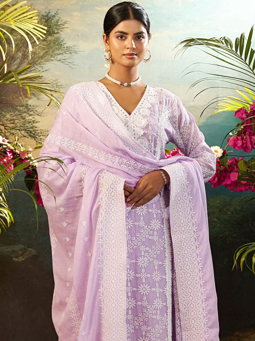 Women Ethnic Motifs Embroidered Regular Chikankari Pure Cotton Kurta with Trousers & With Dupatta