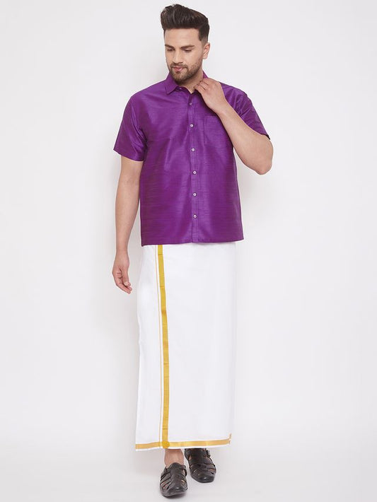 Men's Purple Silk Blend Straight Shirt And Mundu