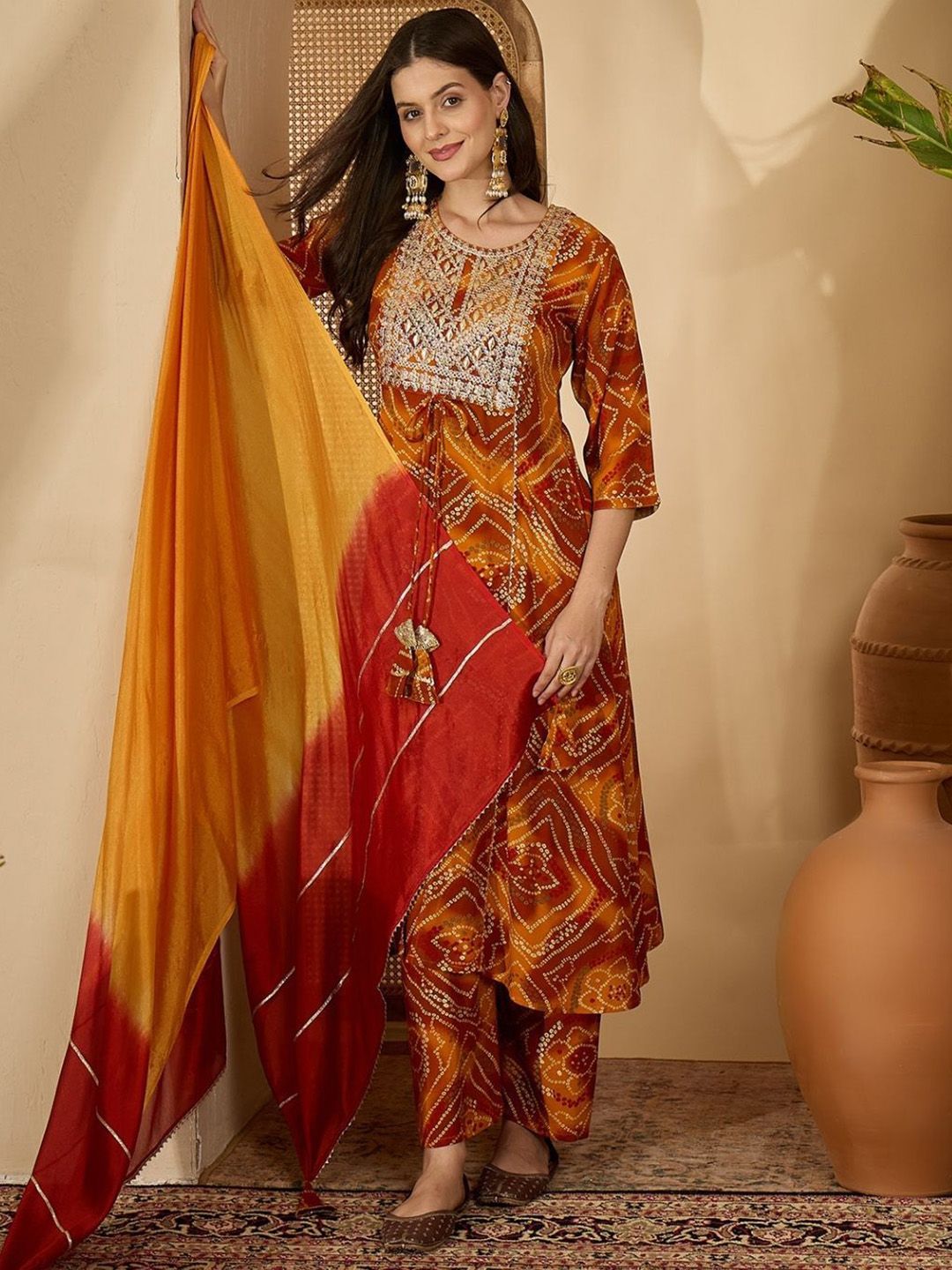 Dhiyona SN Women's Bandhani Printed Sequinned A-Line Kurta With Trousers & Dupatta
