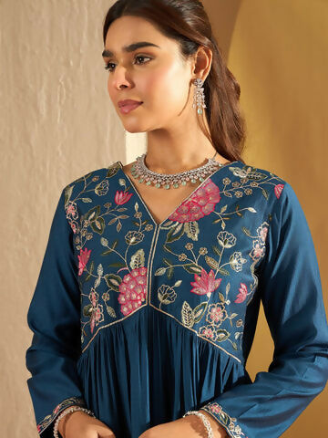 Women's Teal Embroidered A-Line Kurta Trousers Set