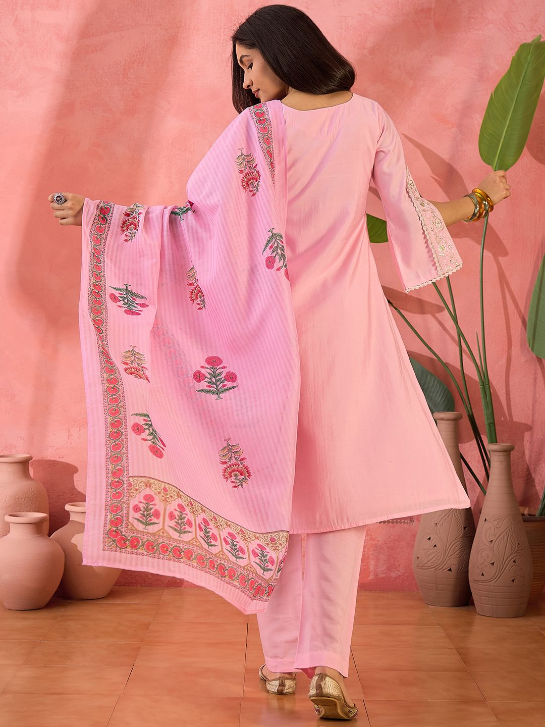 Dhiyona SN Women's Pink Floral Embroidered V-Neck Sequinned Straight Kurta With Trousers And Dupatta