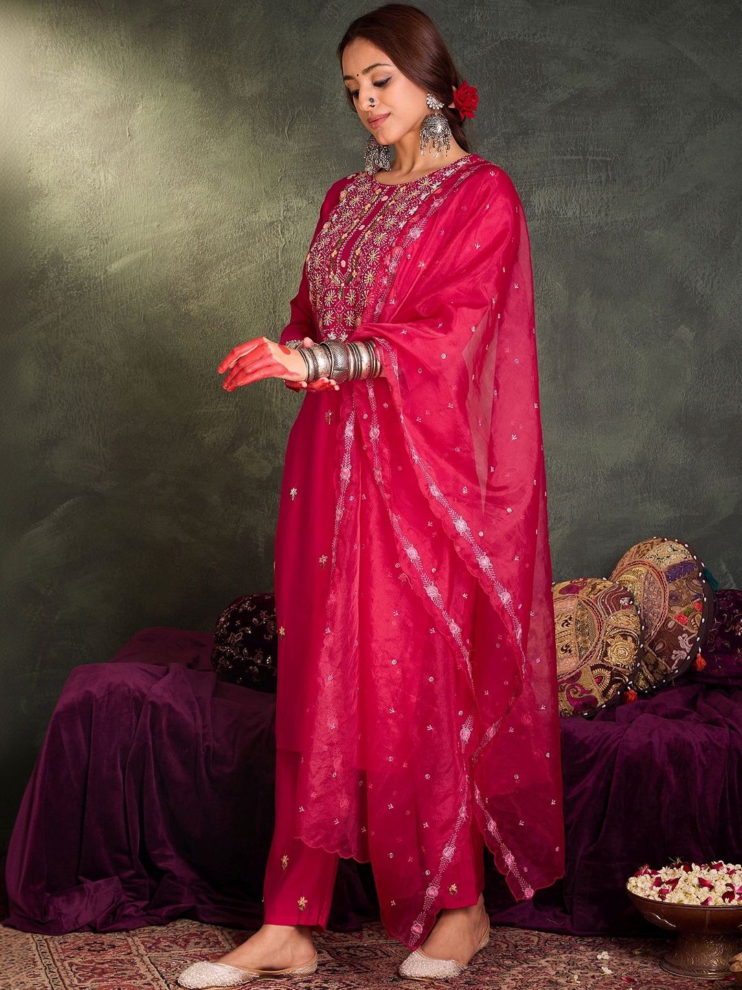 Women Ethnic Motifs Embroidered Regular Thread Work Kurta with Trousers & With Dupatta