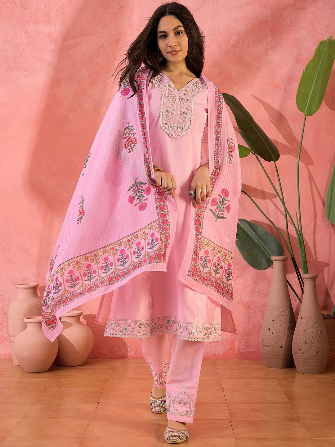 Dhiyona SN Women's Pink Floral Embroidered V-Neck Sequinned Straight Kurta With Trousers And Dupatta