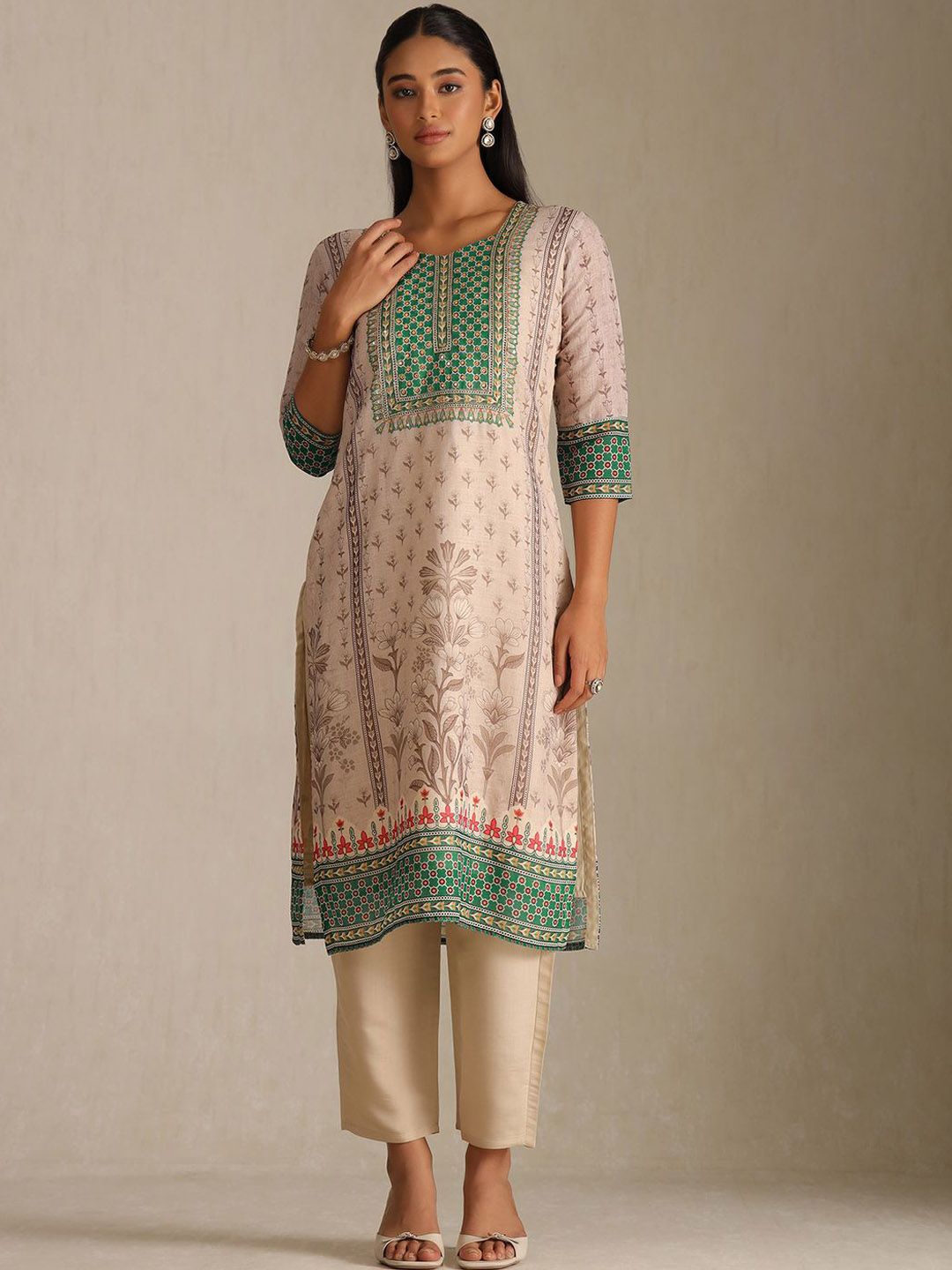 Dhiyona SO Women's Floral Printed Round Neck Sequinned Linen Straight Kurta With Trousers & Dupatta